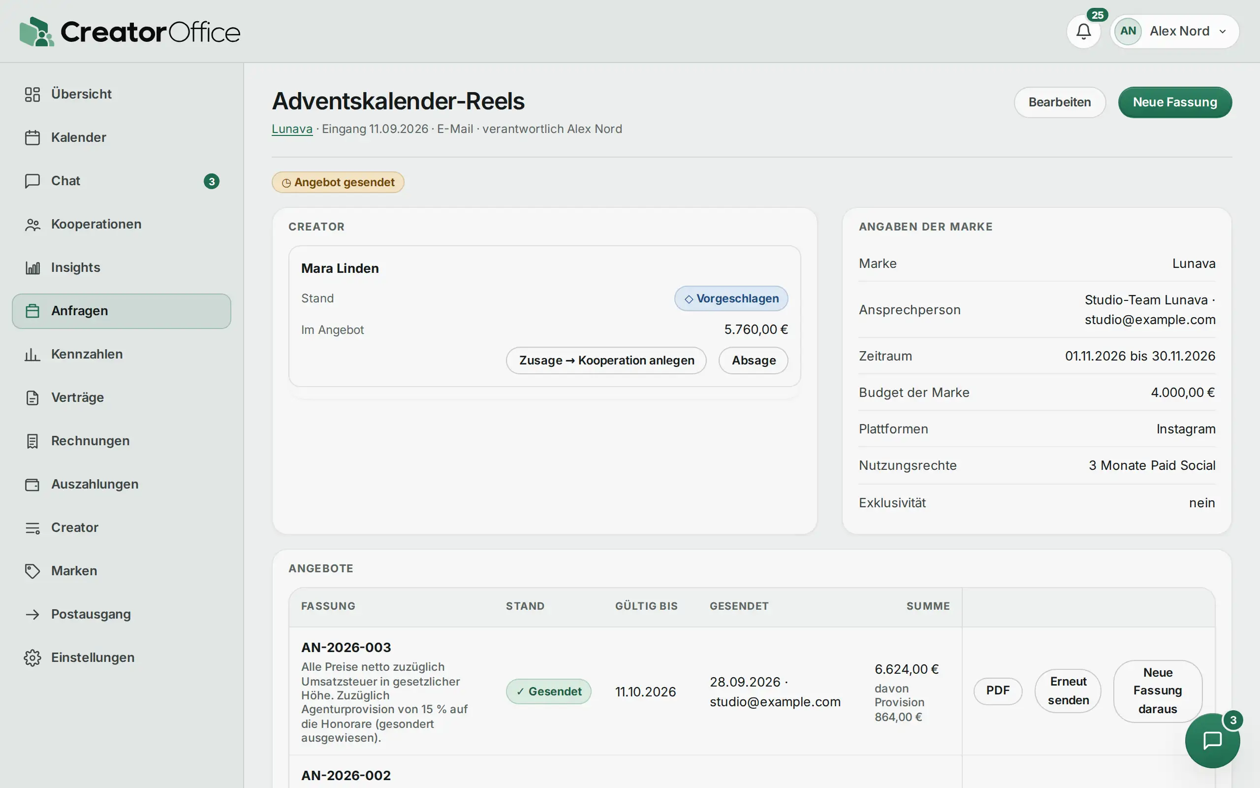 Agentur-Portal: Anfrage von Lunava mit Angebot, Stand „Angebot gesendet“.