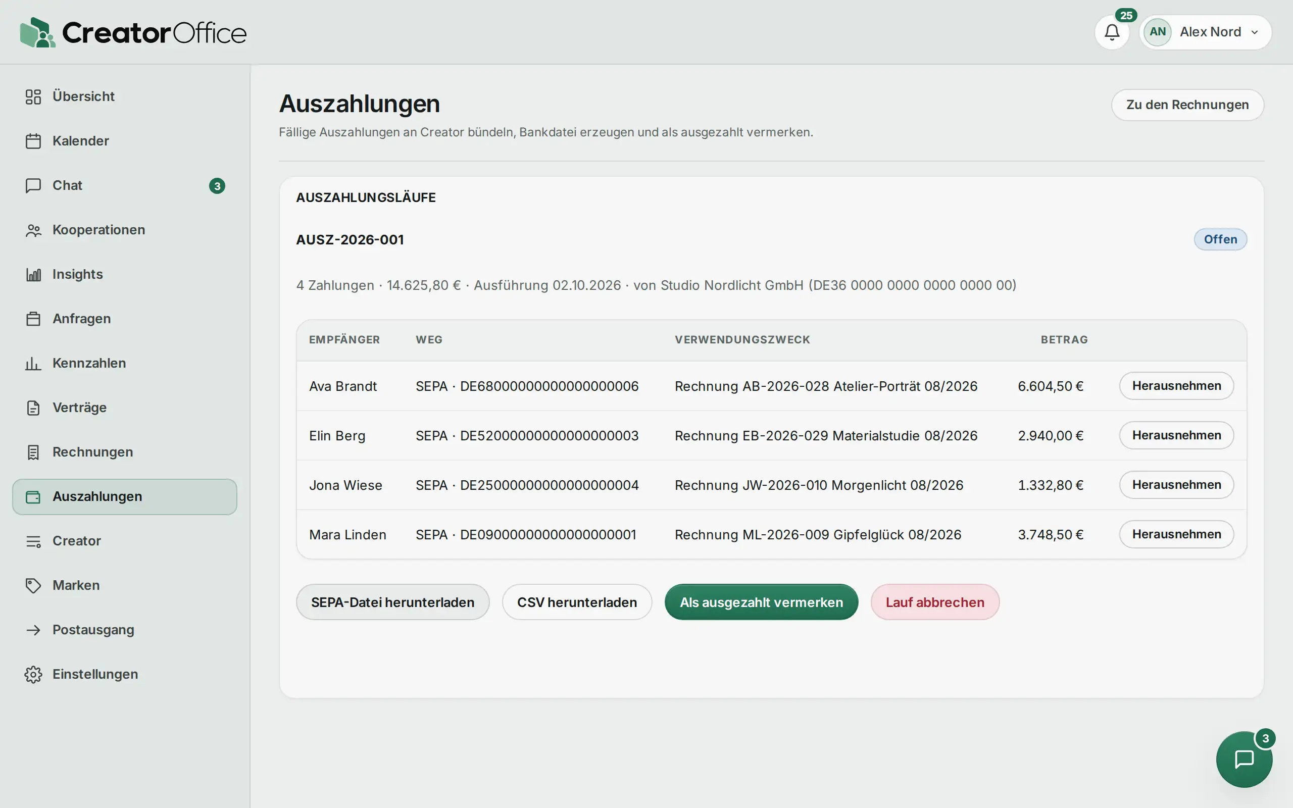 Agentur-Portal: Auszahlungslauf mit SEPA-Datei.