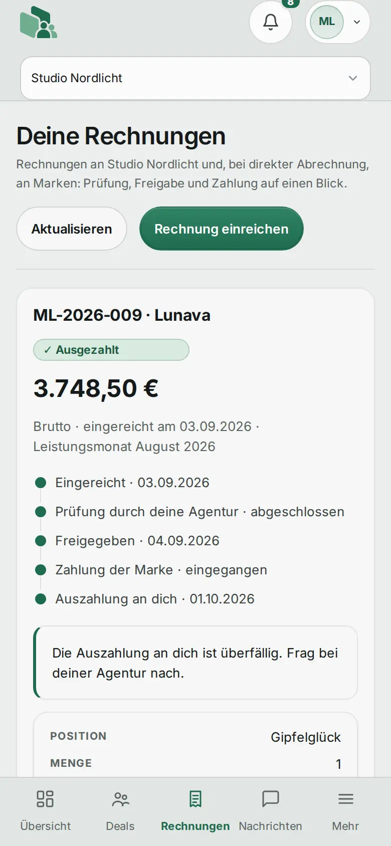 Creator-Portal am Handy: Rechnung mit Stand „Ausgezahlt“.