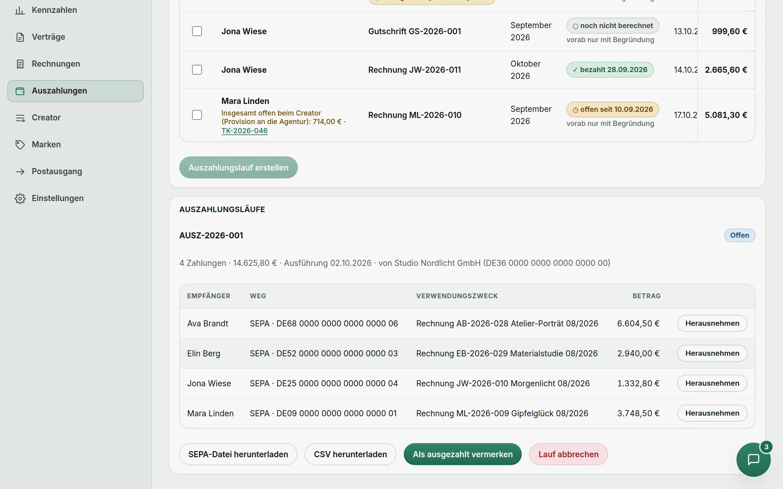 Agentur-Portal: Auszahlungslauf mit SEPA-Datei.