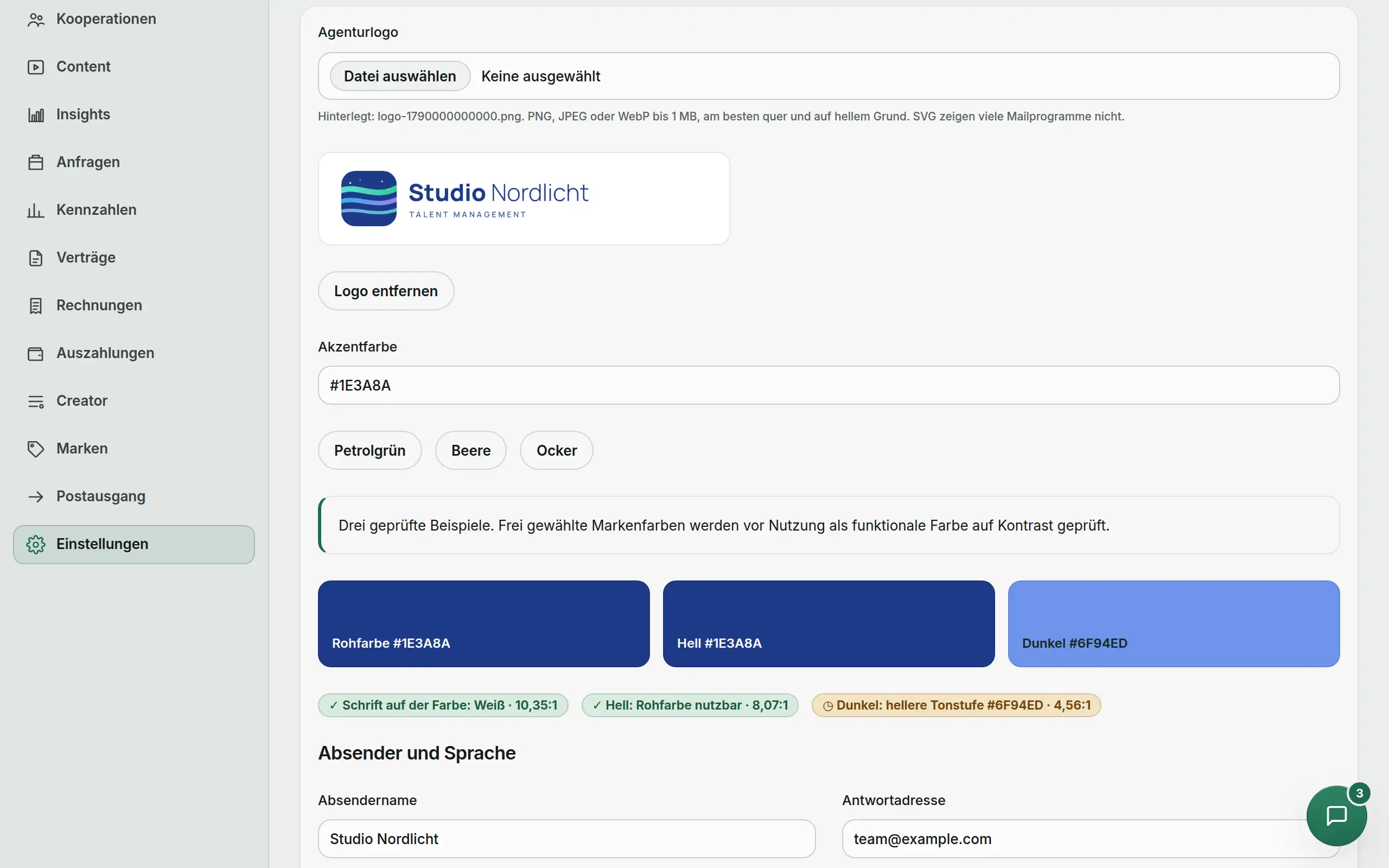 Agentur-Portal: Einstellungen · Branding mit Logo und Akzentfarbe.