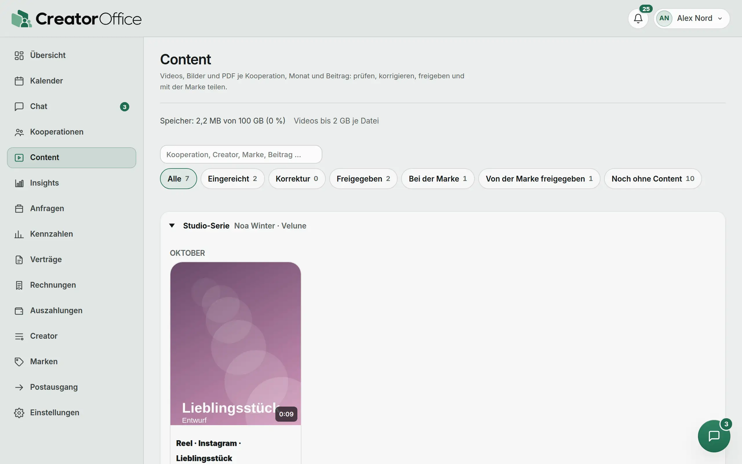 Agentur-Portal: Content-Ablage mit Videos je Kooperation und Monat.