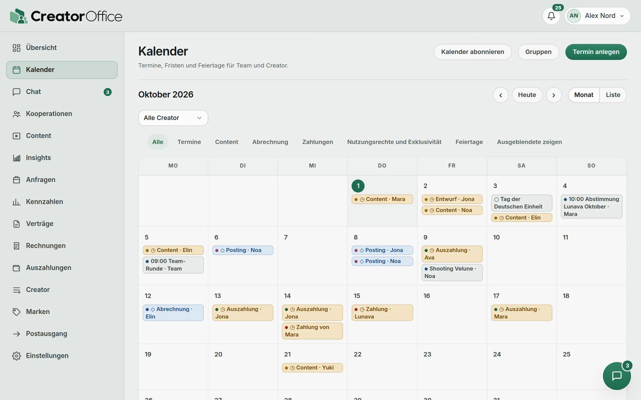 Agentur-Portal: Kalender mit Fristen, Postings und Zahlungen.