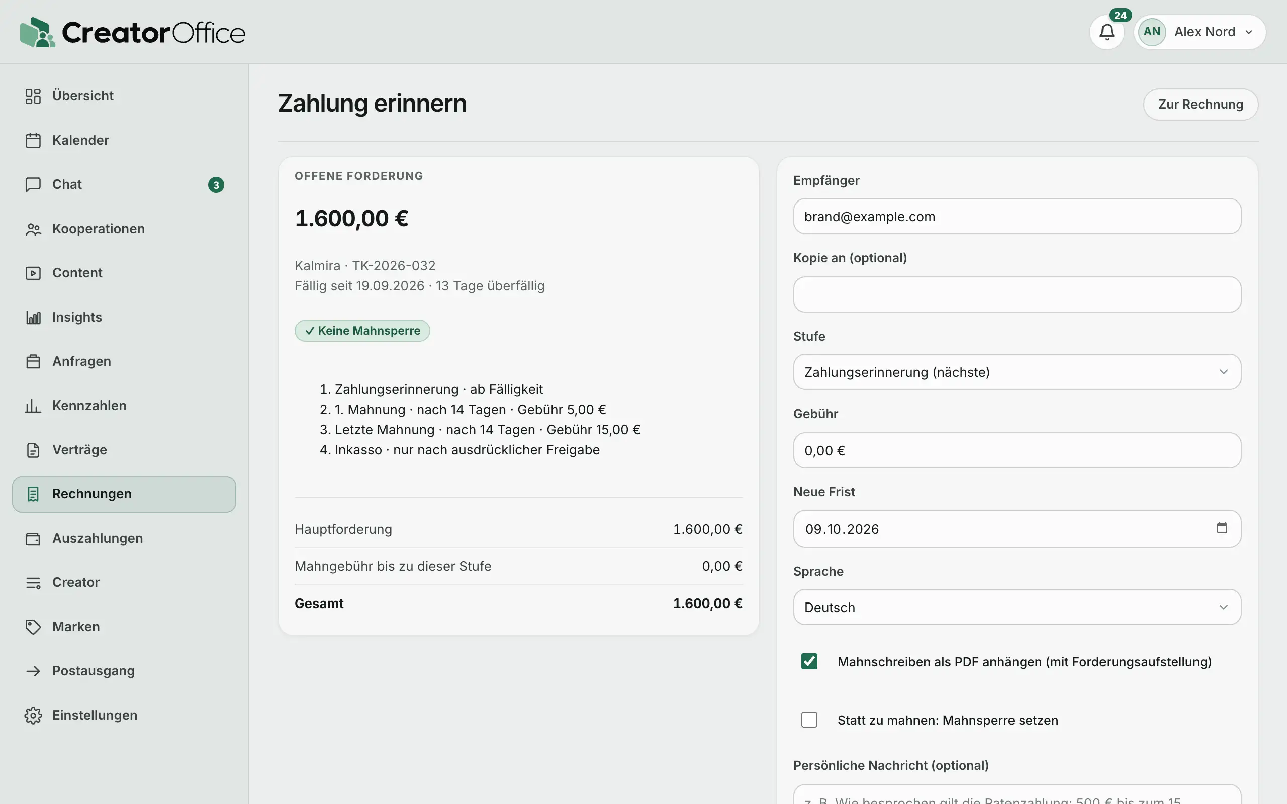 Mahnung in CreatorOffice: offene Forderung mit Mahnleiter, vorgewählter nächster Stufe, neuer Frist und Mahnschreiben als PDF