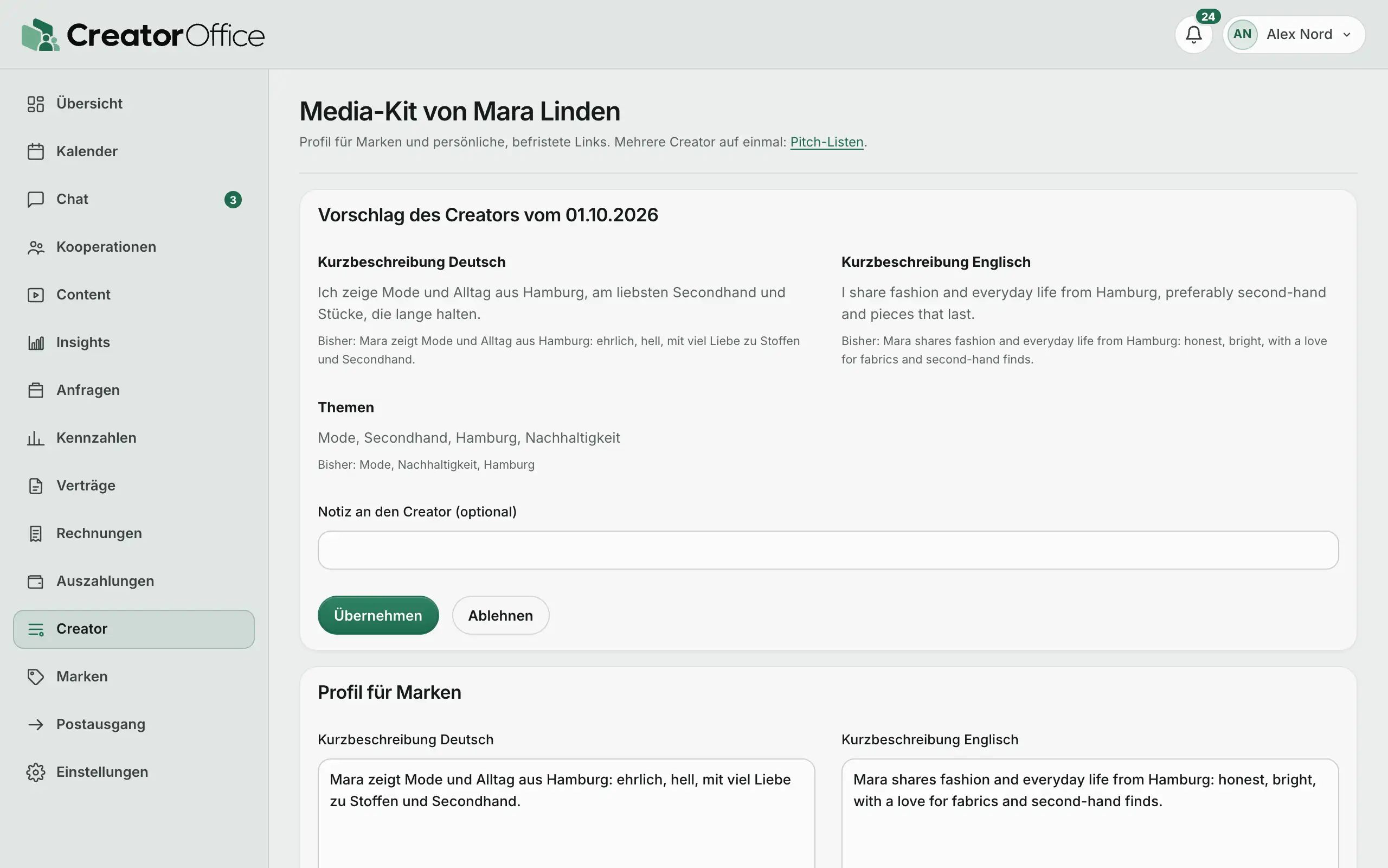 Media-Kit für Creator in CreatorOffice: Kurzprofil auf Deutsch und Englisch mit Vorschlag des Creators