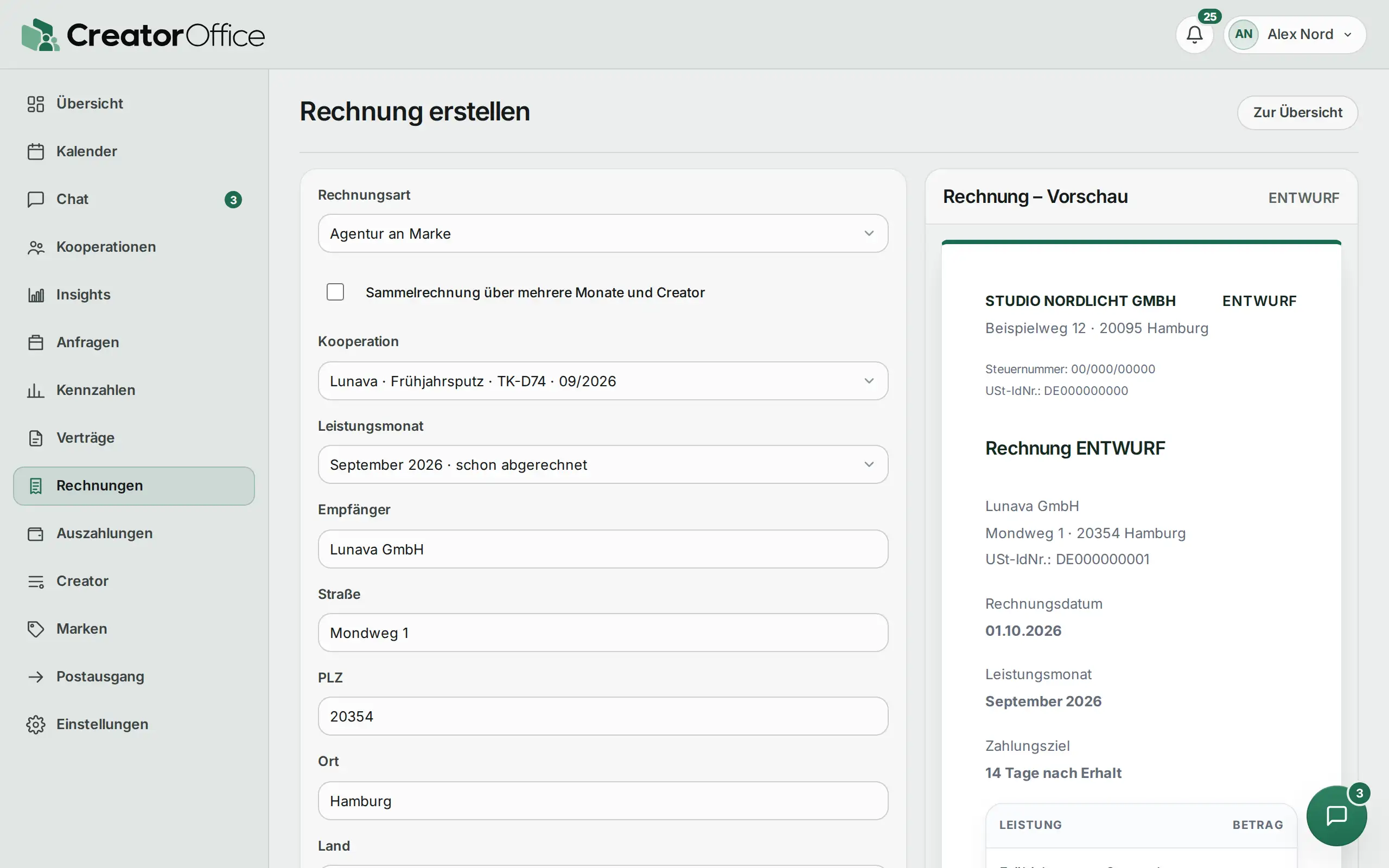 Agentur-Portal: Rechnung aus der Kooperation mit Vorschau.