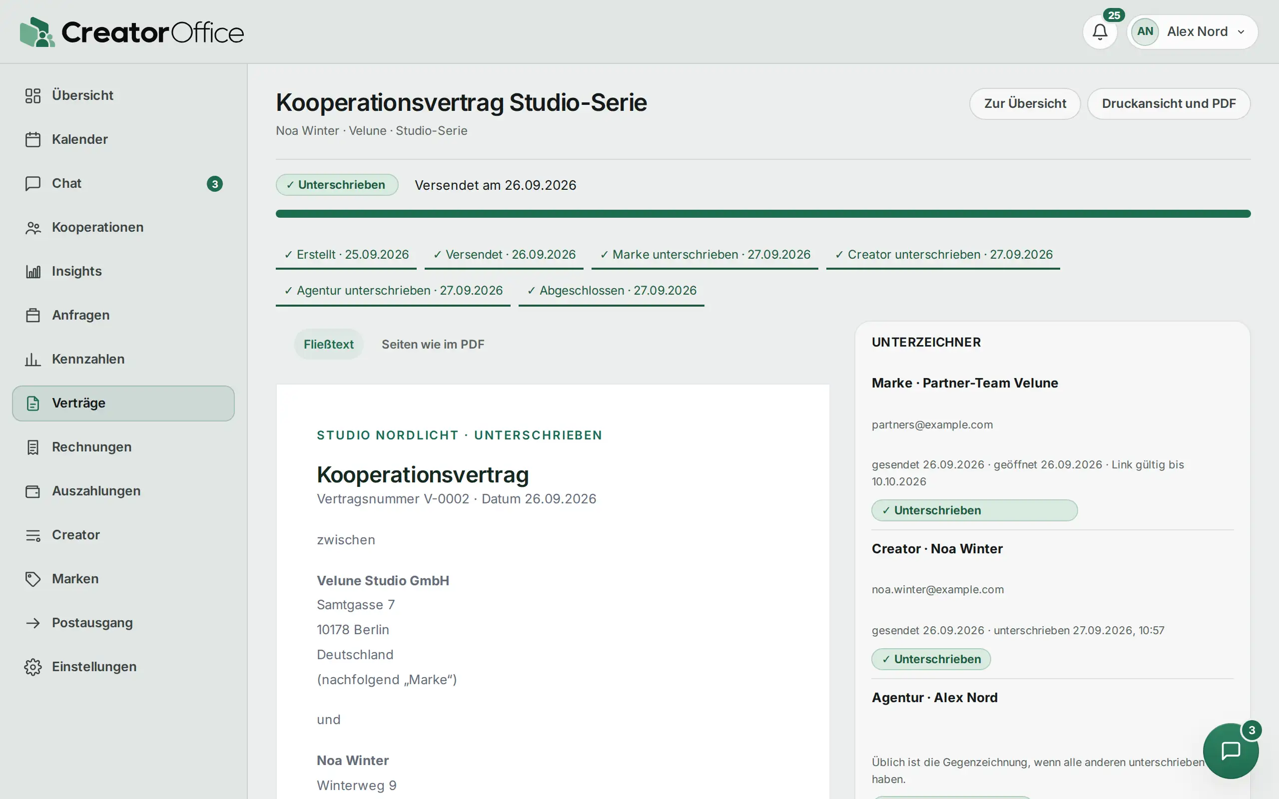 Agentur-Portal: Kooperationsvertrag mit Fortschritt der Unterschriften.