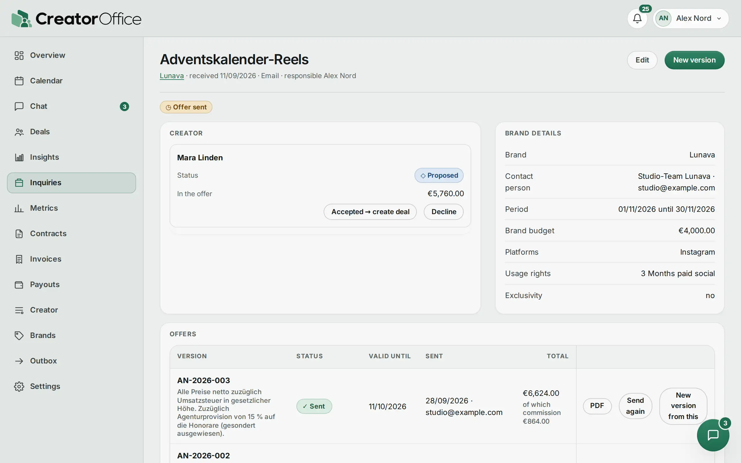 Agency portal: inquiry from Lunava with offer, status “Offer sent”.