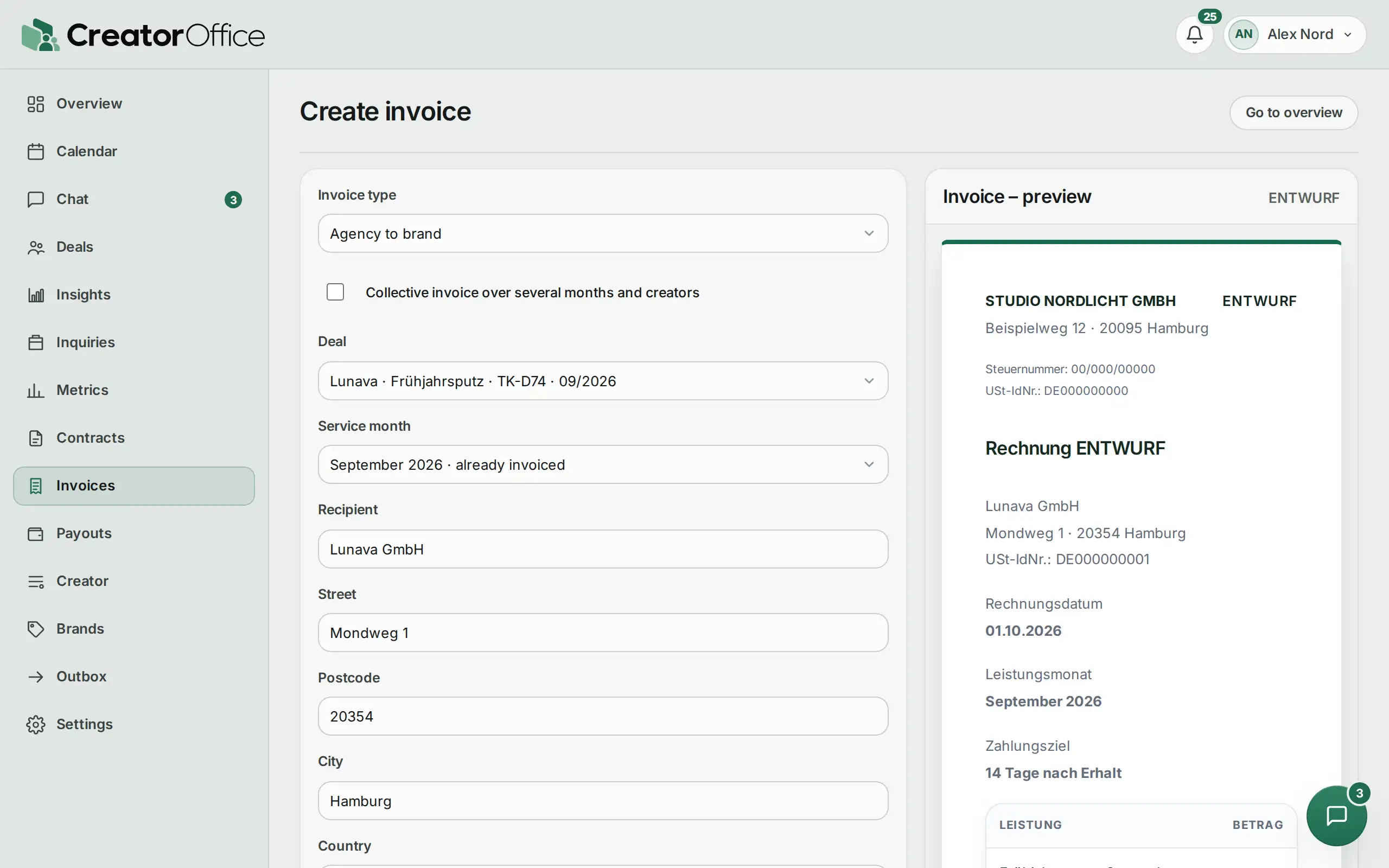 Agency portal: invoice from the collaboration with preview.