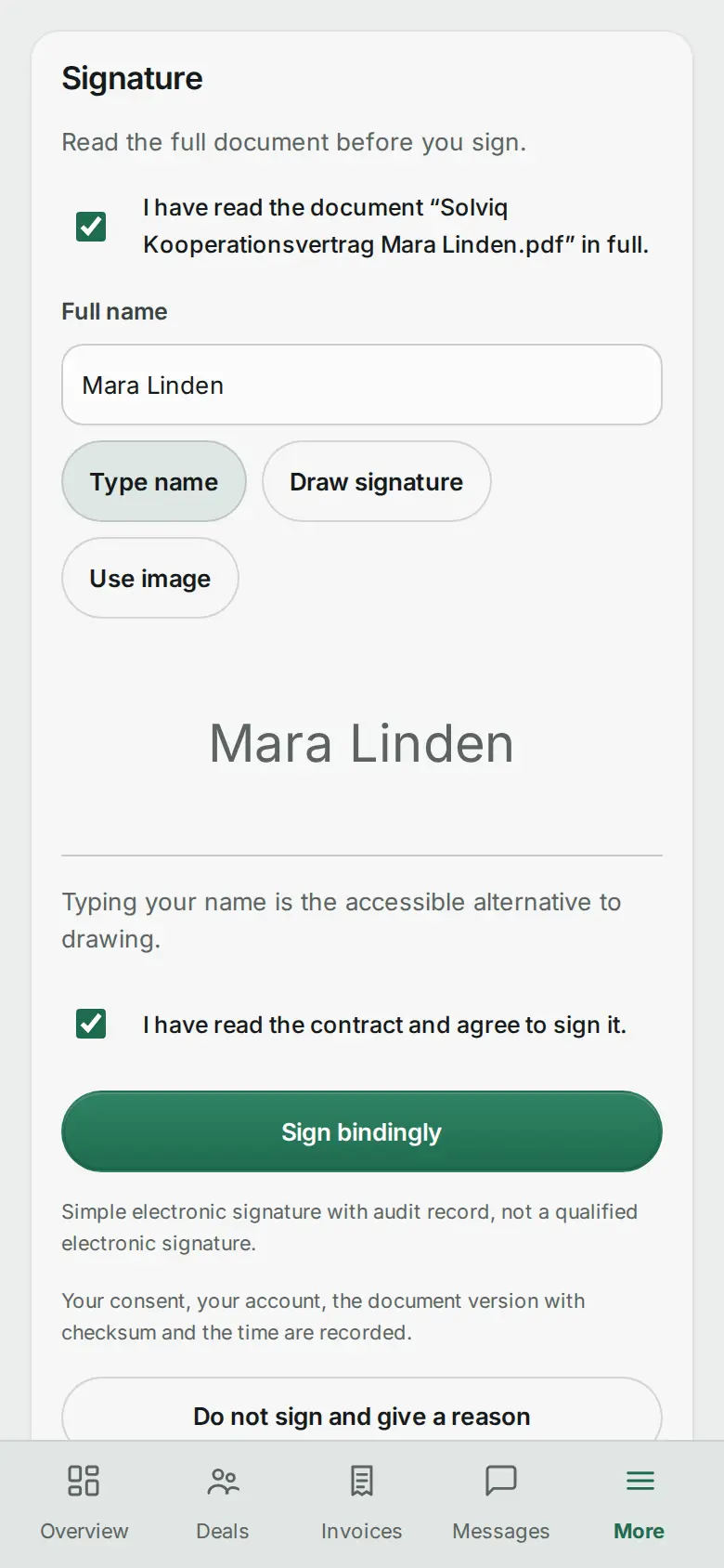 Creator portal on mobile: sign the contract.