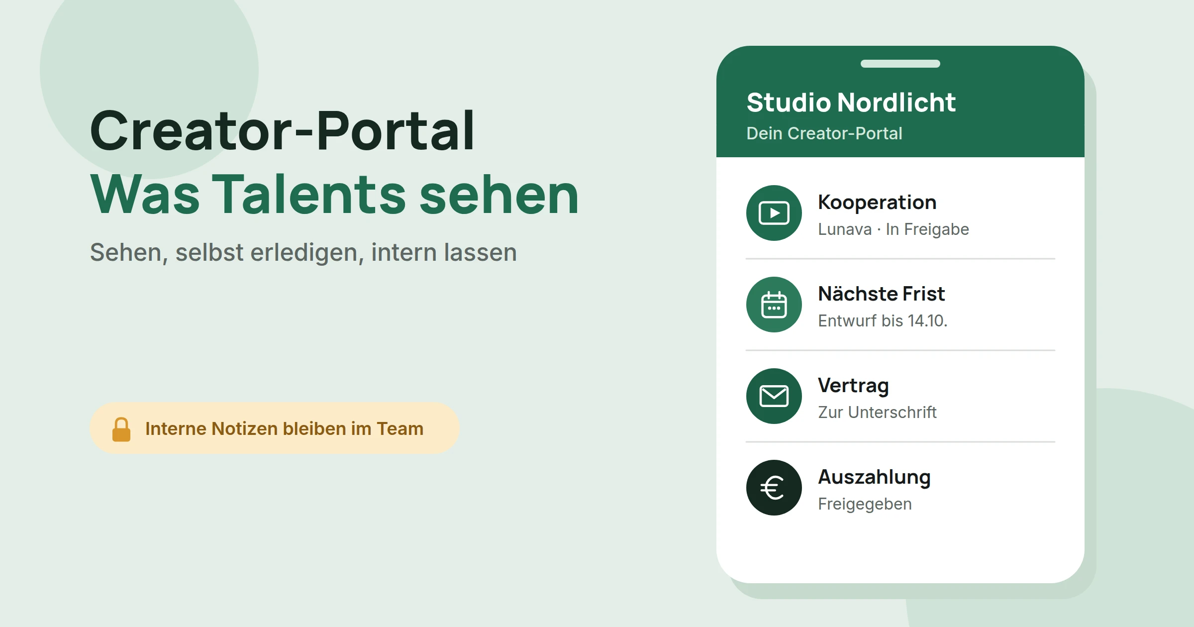 Creator-Portal am Handy mit Kooperation, nächster Frist, Vertrag zur Unterschrift und Stand der Auszahlung, daneben ein Schloss für interne Notizen