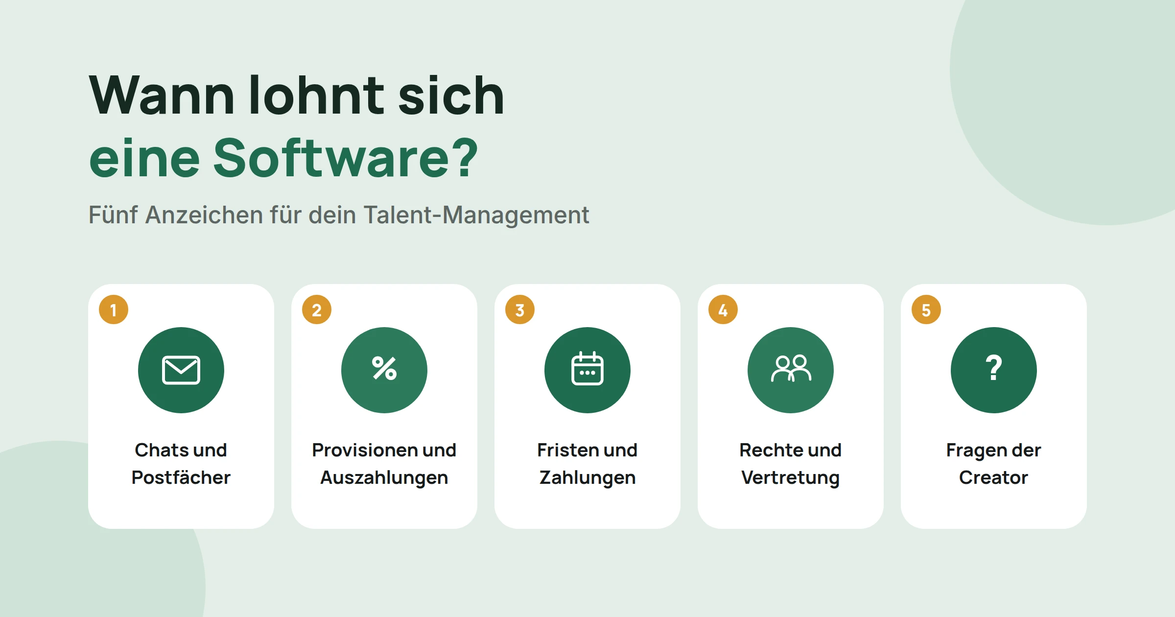 Fünf Anzeichen, dass sich eine Software für dein Talent-Management lohnt: Chats und Postfächer, Provisionen und Auszahlungen, Fristen und Zahlungen, Rechte und Vertretung, Fragen der Creator