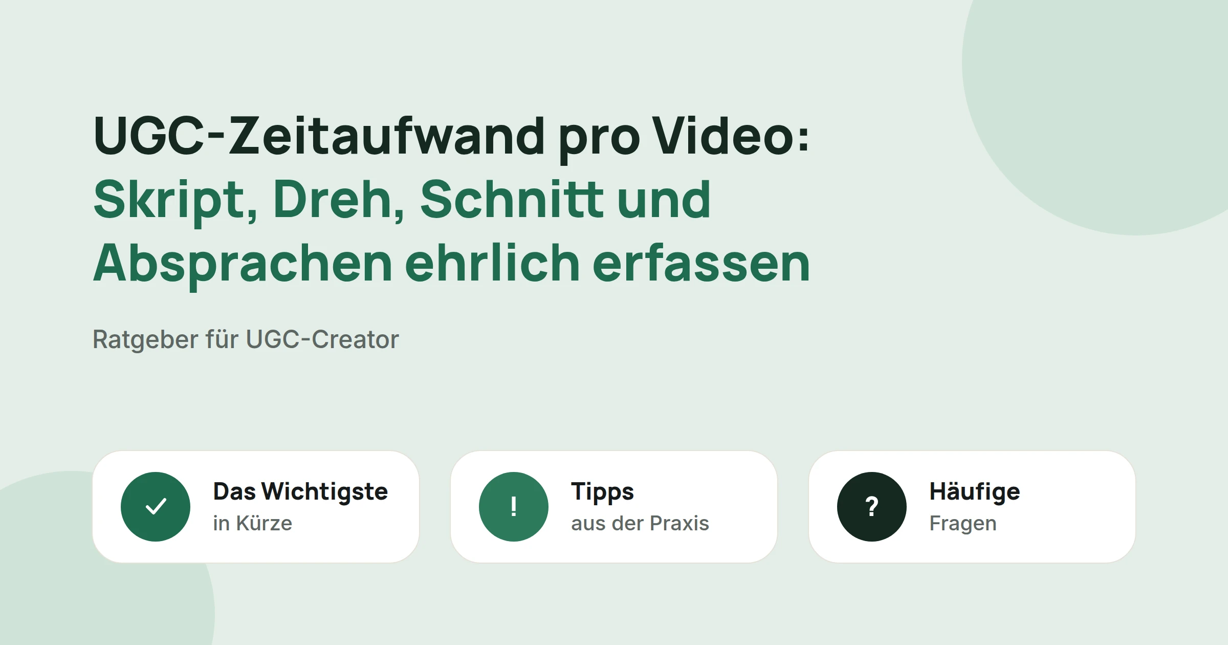 Titelbild: UGC-Zeitaufwand pro Video: Skript, Dreh, Schnitt und Absprachen ehrlich erfassen, mit drei Karten: Das Wichtigste in Kürze, Tipps aus der Praxis und Häufige Fragen