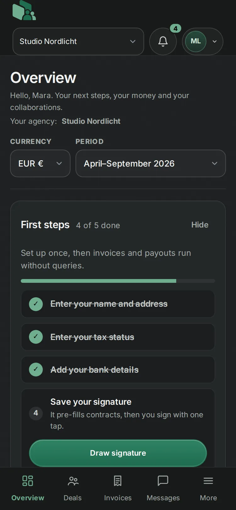 Creator portal on mobile: dashboard with first steps and earned share.
