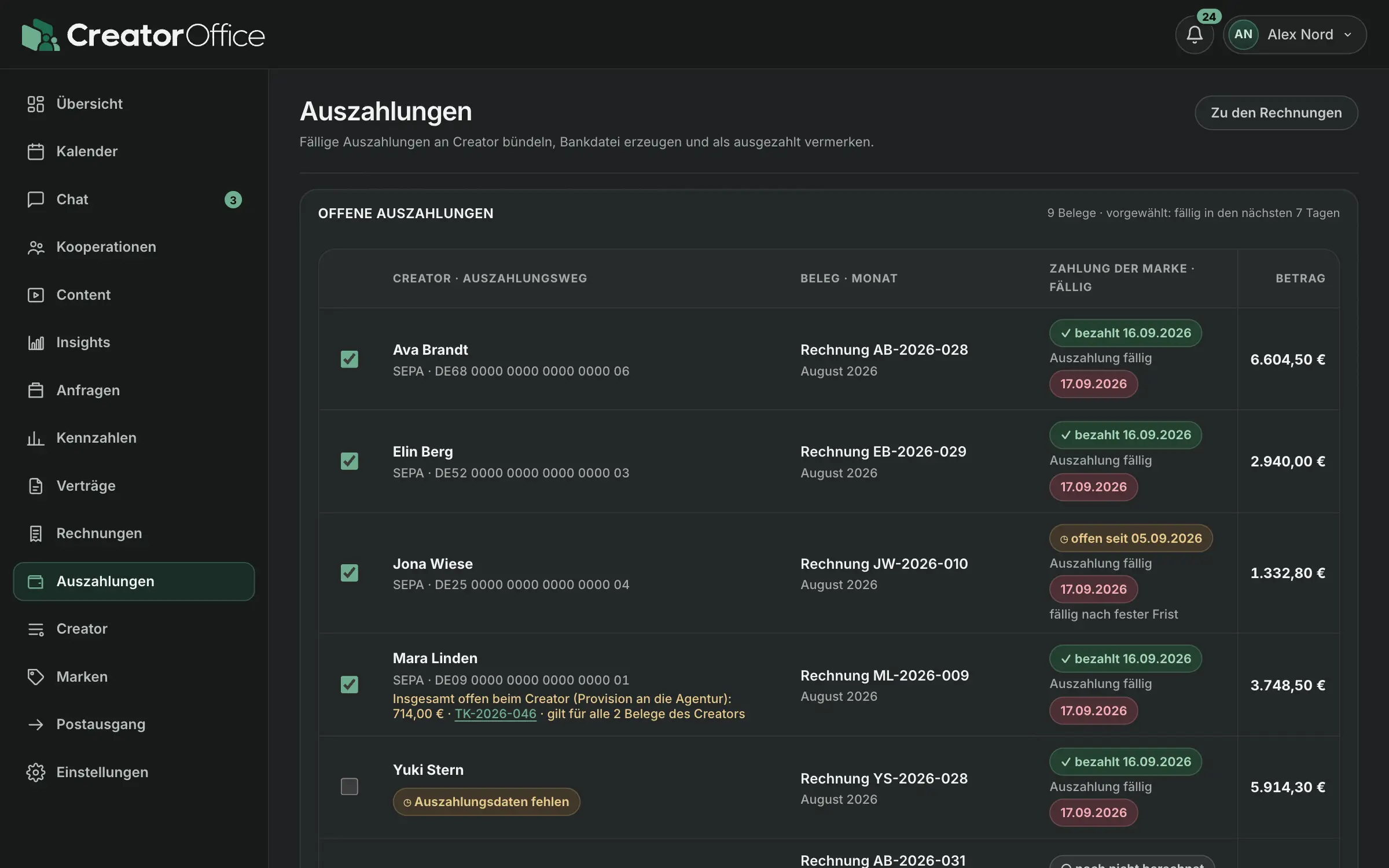 Offene Auszahlungen an Creator mit Zahlungsstand der Marke, fällige Belege vorgewählt