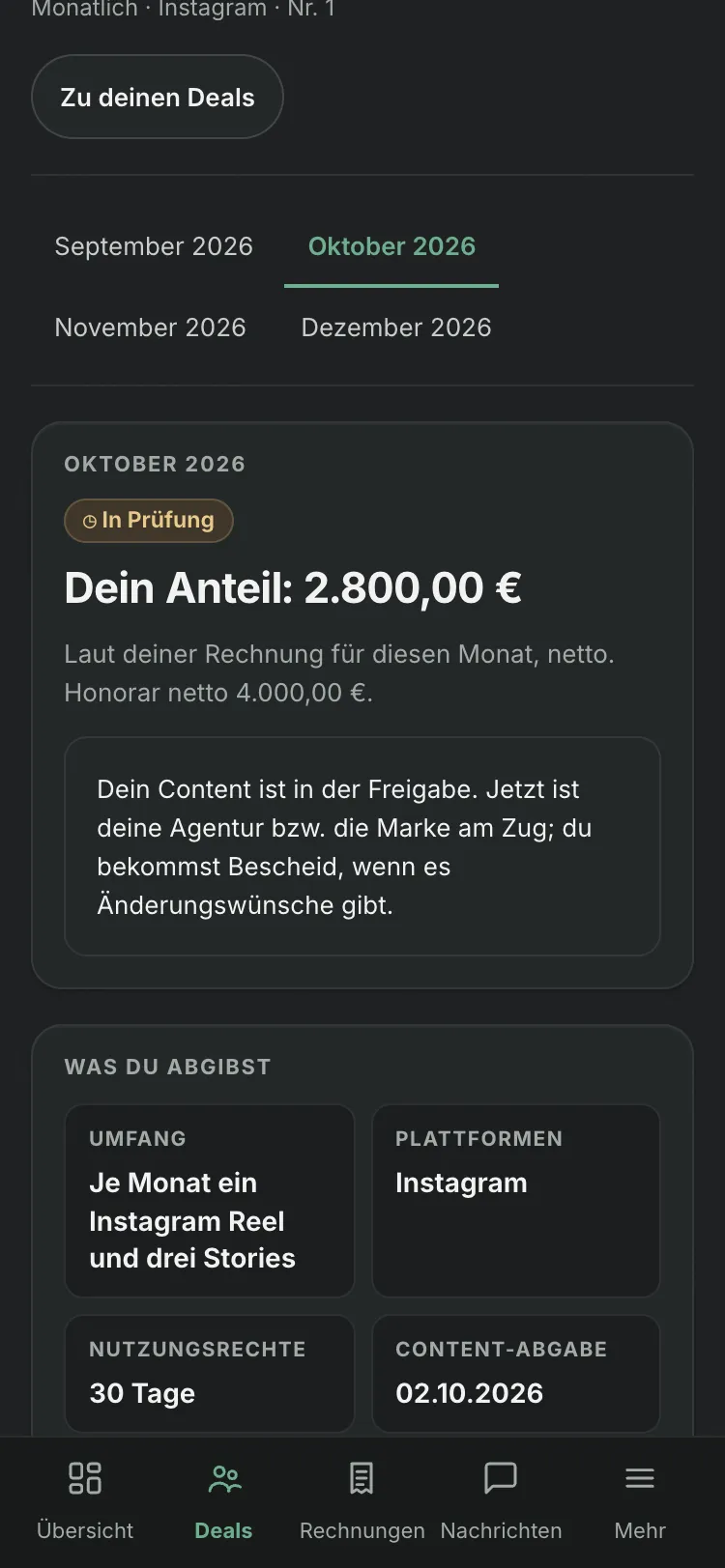 Creator-Portal am Handy: Monat einer Kooperation mit Anteil, Umfang, Nutzungsrechten und Content-Abgabe