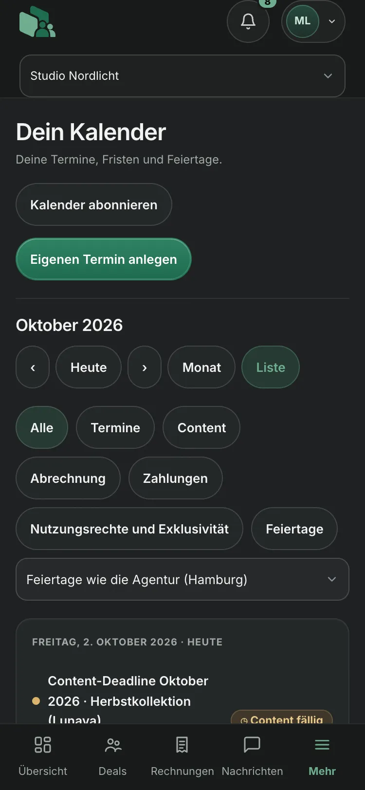 Dein Kalender im Creator-Portal am Handy: Termine und Fristen mit Filtern für Content, Abrechnung, Zahlungen, Nutzungsrechte und Exklusivität, mit Beispieldaten
