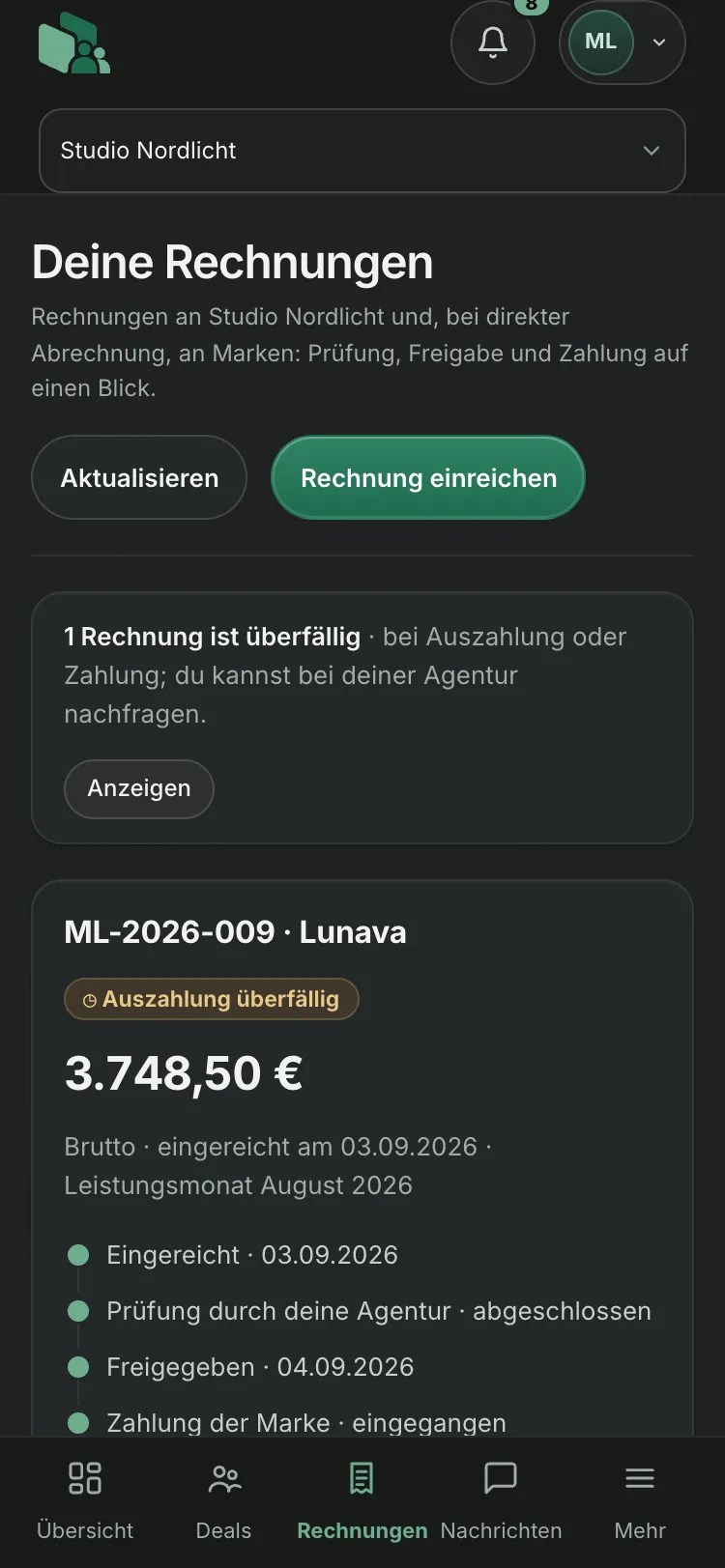 Creator-Portal am Handy: Rechnung einer Creatorin vom Einreichen bis zur Auszahlung