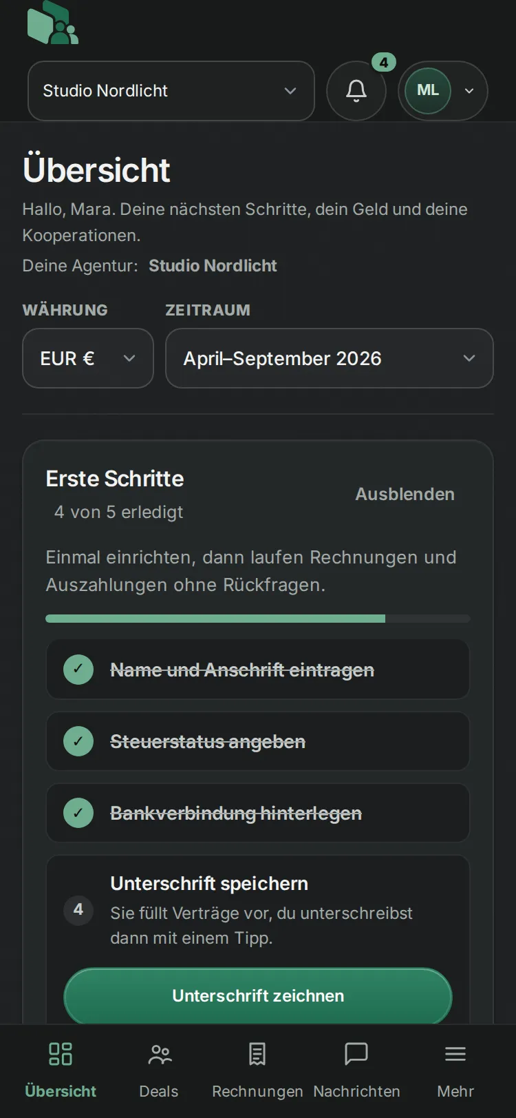 Creator-Portal am Handy: Dashboard mit ersten Schritten und verdientem Anteil.