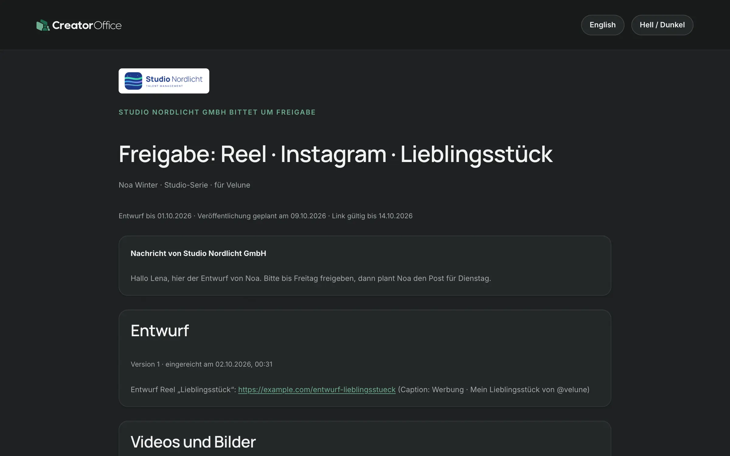 Content-Freigabe in CreatorOffice: Freigabe eines Influencer-Reels durch die Marke per Link